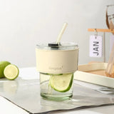 Glass Coffee Mug with Leather Strap | 450ml Aesthetic Cup with Straw & Leak-Proof Lid