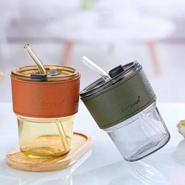 Glass Coffee Mug with Leather Strap | 450ml Aesthetic Cup with Straw & Leak-Proof Lid
