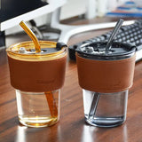 Glass Coffee Mug with Leather Strap | 450ml Aesthetic Cup with Straw & Leak-Proof Lid