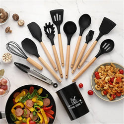 12 Pcs Silicone Cooking Utensils Set with Wooden Handles & Holder | Non-Stick, Heat-Resistant Kitchen Utensil Set